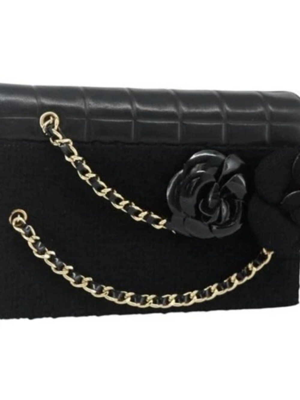 CHANEL Choco Bar Camelia Clutch Bag Lamb Skin Black Gold CC Auth 177325A